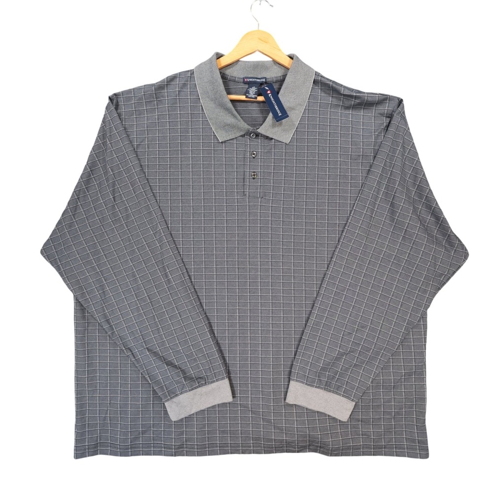 Knightsbridge Polo Shirt Mens 4X Gray Cotton Blend Grid Long Sleeve Casual NWT